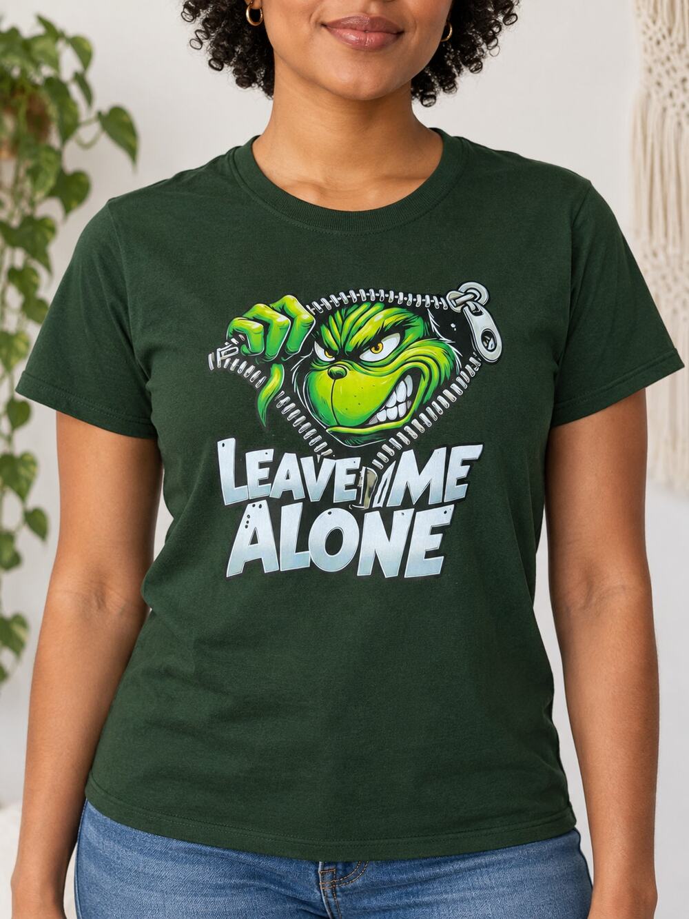 Gildan Heavy Cotton Dark Green Grinch Leave Me Alone Graphic T-Shirt Large NWOT